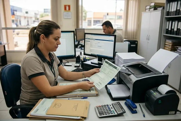 Profissionais em Porto Velho imprimindo o CRLV-e com equipamentos específicos.