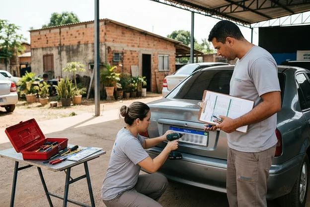 Profissionais em Porto Velho realizando o emplacamento de um veículo com eficiência.